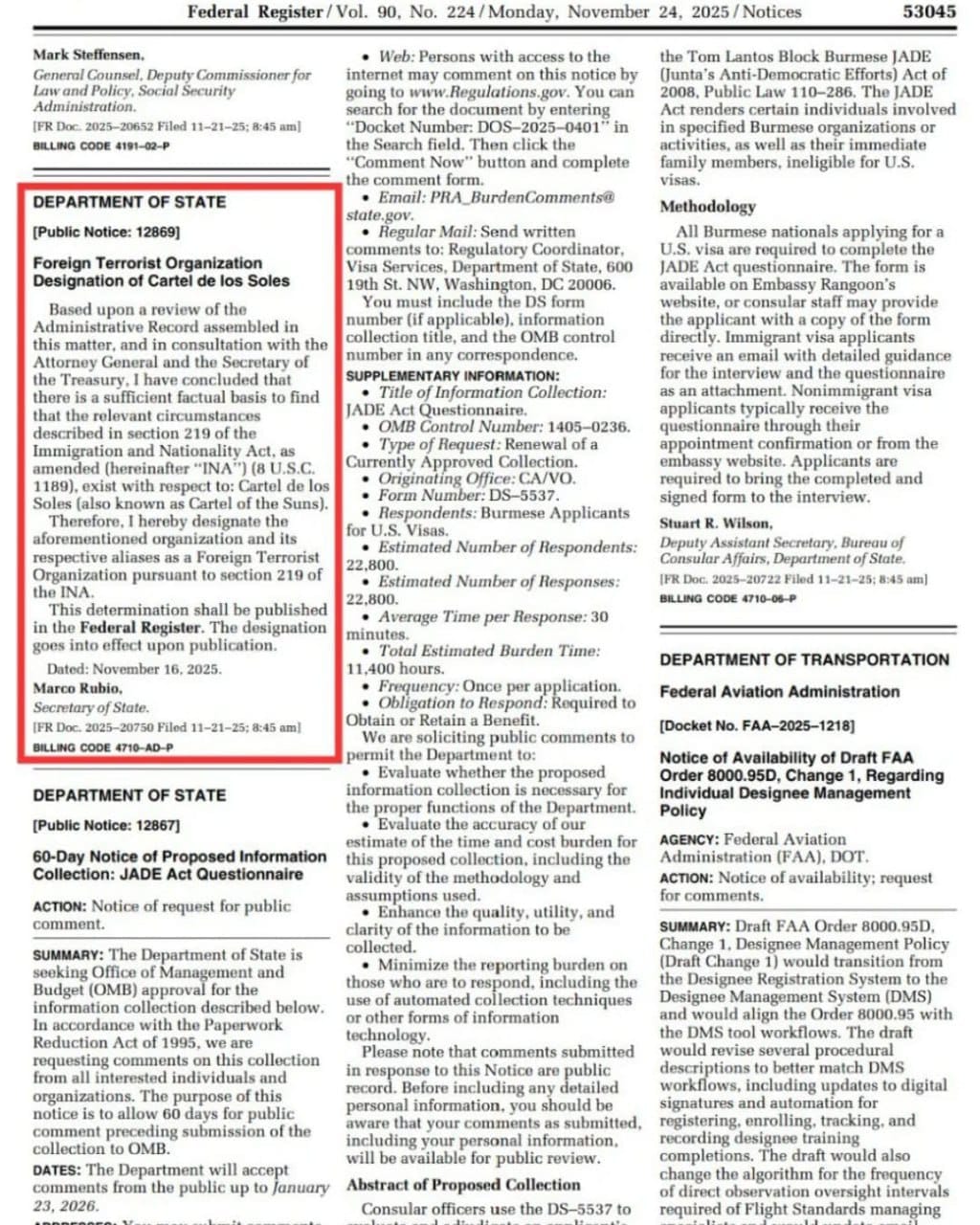 Cartel de los Soles fue designado como «organización terrorista extranjera» por Estados Unidos