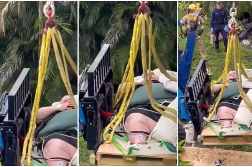 Con una grúa: Bomberos rescataron a un hombre de 270 kilos que solicitó ayuda en Florida