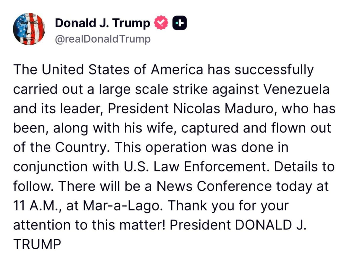 Donald Trump afirma haber capturado a Nicolás Maduro y Cilia Flores tras ataques