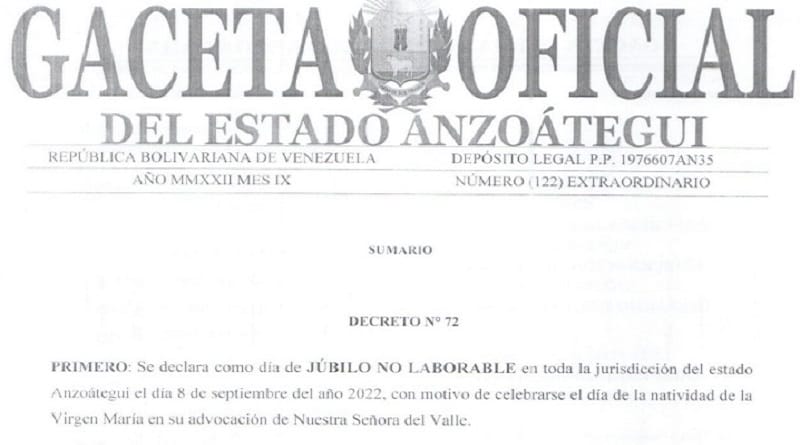 Gobernador de Anzoátegui decretó no laborable este 8 de septiembre