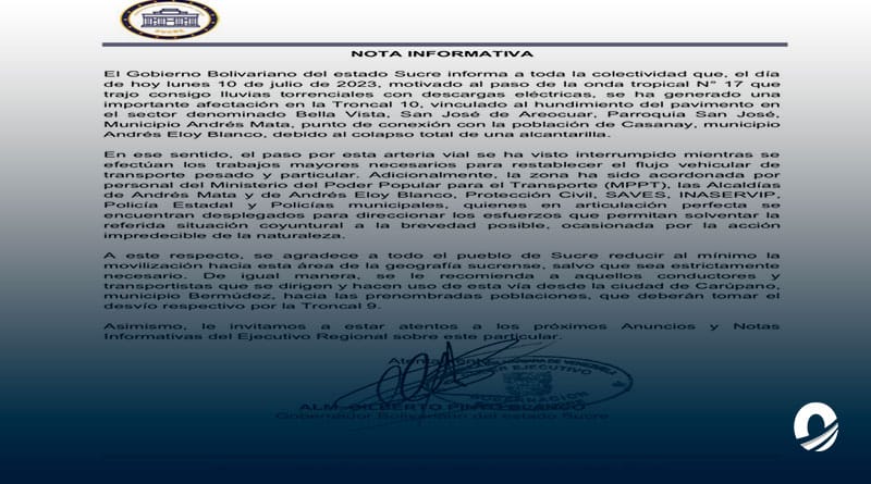 Gobierno de Sucre anunció interrupción del tránsito vehicular en la Troncal 10 por las lluvias