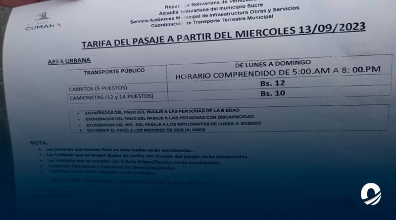 Alcaldía del municipio Sucre publicó nuevos costos del pasaje urbano