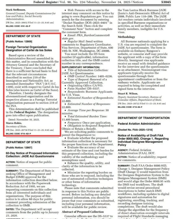 Cartel de los Soles fue designado como «organización terrorista extranjera» por Estados Unidos