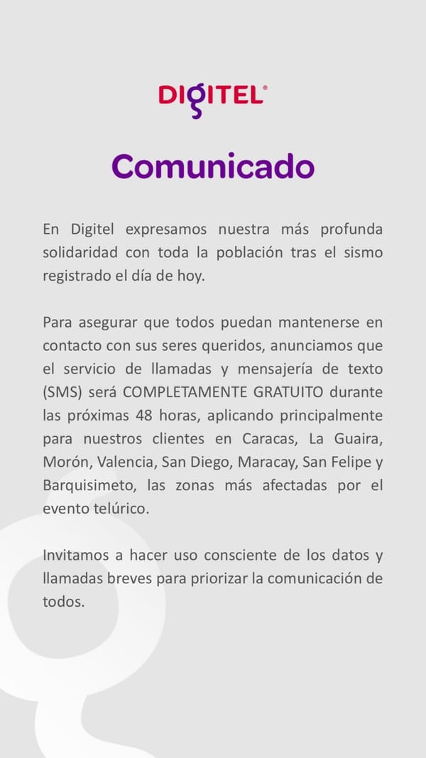 Digitel ofrecerá llamadas y mensajes gratuitos para ayudar a víctimas de terremotos en Venezuela