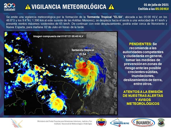 Inameh emitió bolentín de vigilancia ante la amenaza de la tormenta Elsa